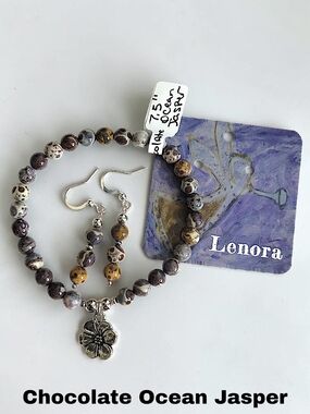 Hand Crafted Chocolate Ocean Jasper Bracelet & Earrings Set Silver Flower Charm